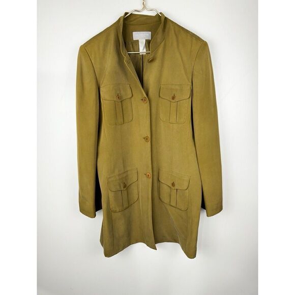 Liz Claiborne 100% Silk Sz 16 Blazer Utility Jacket Long Green Pockets - Picture 1 of 7